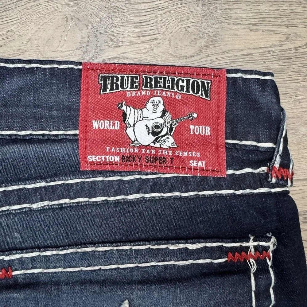 True Religion Ricky Super T Jeans Men's Sz 38 Dark Wash Thick Stitch Whisker
